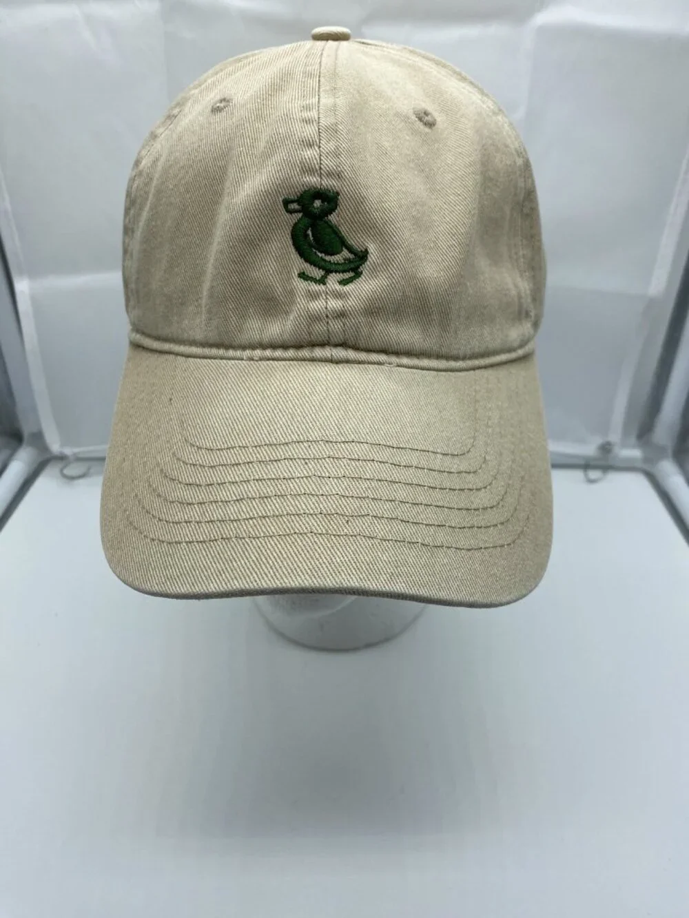 Duck Brand Hat Tan Beige Green Logo Adjustable Strap Back Baseball Cap Vintage